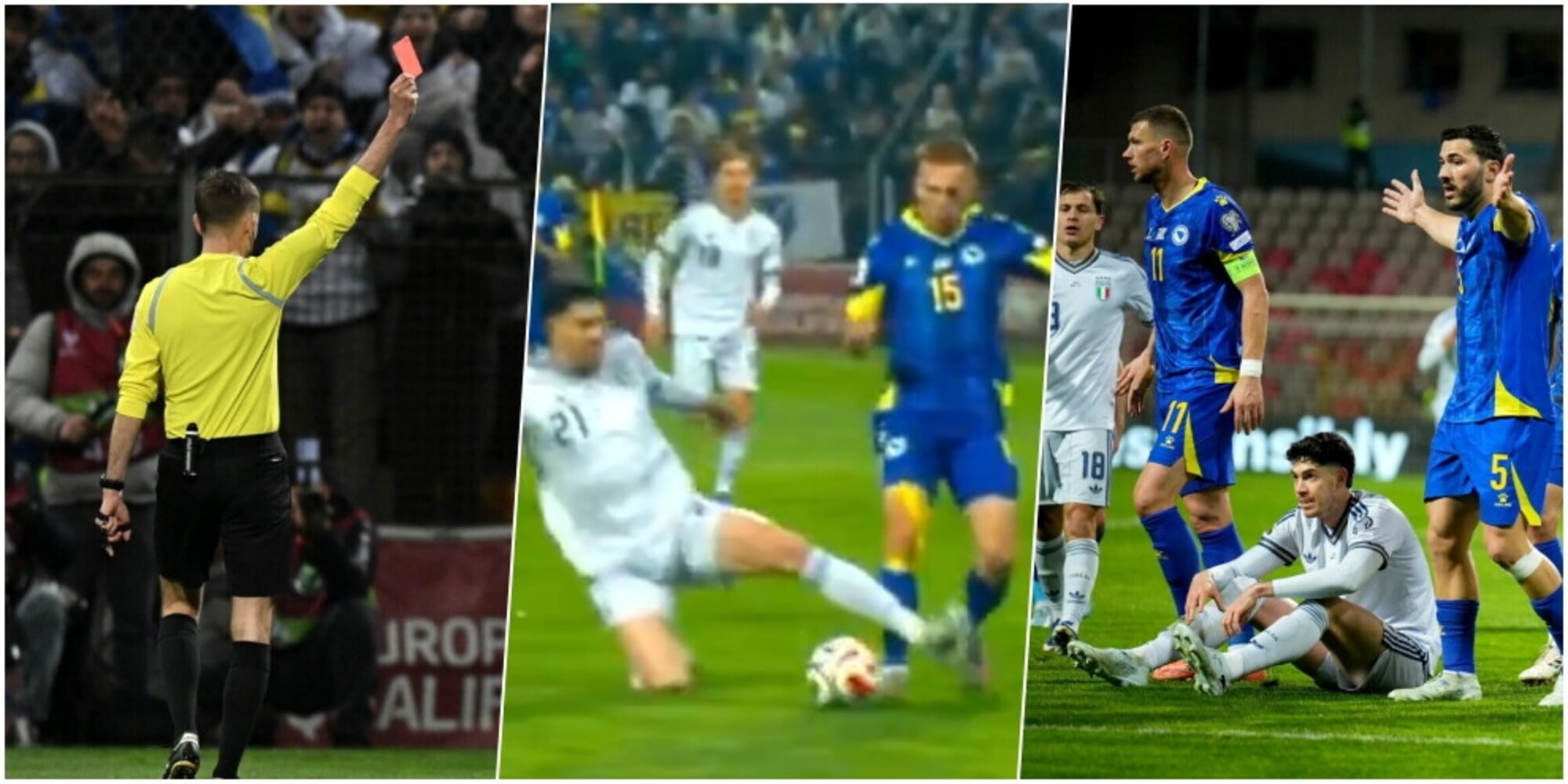 Il fallo di Bastoni che lascia l'Italia in 10 contro la Bosnia
