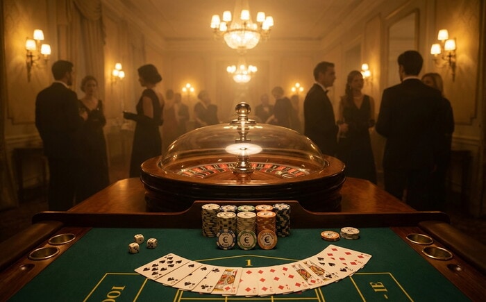 Panoramica giochi casino con roulette, carte e dadi