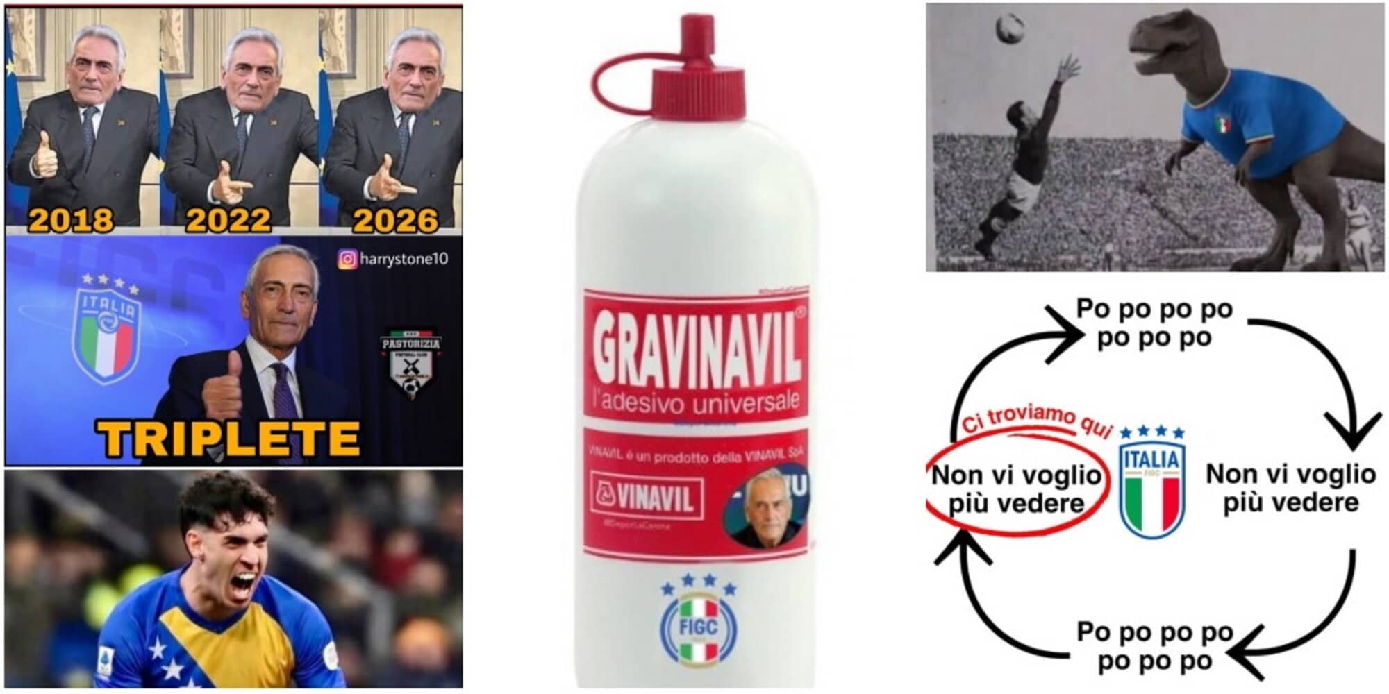 Gravina incollato, triplete Italia, Bastoni e i dinosauri Azzurri: le ironie social sul disastro Mondiale