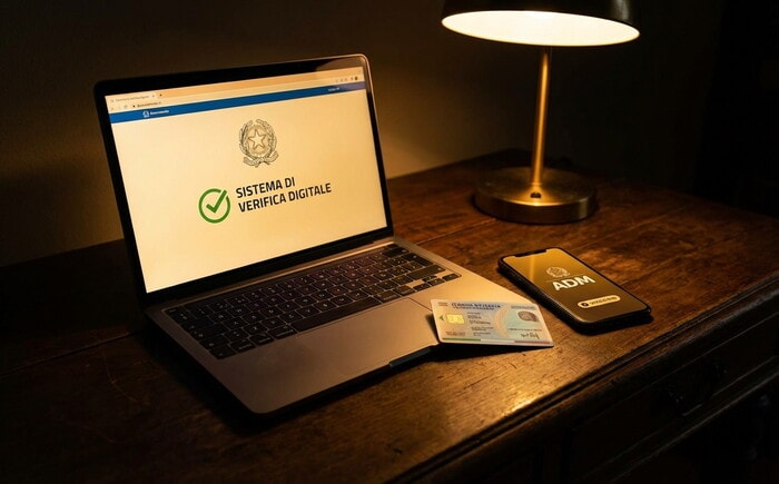 Verifica licenza ADM di un casino online sicuro su laptop con documento e smartphone