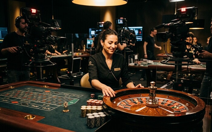 Tavolo di roulette live con dealer professionista e ruota in movimento in studio certificato