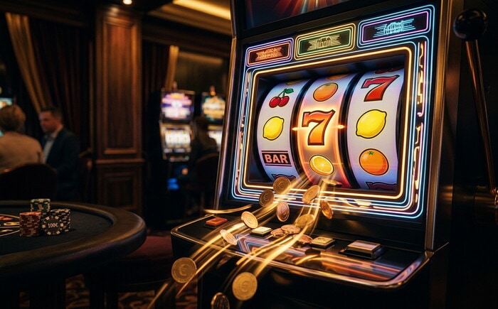 Slot machine online con rulli colorati e monete d'oro per contribuzione al wagering