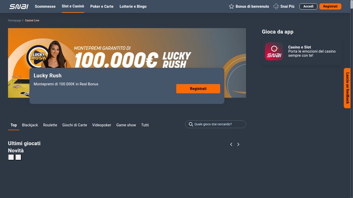 Homepage di SNAI casino online con banner promozionale Lucky Rush da 100.000€, navigazione principale e sezioni