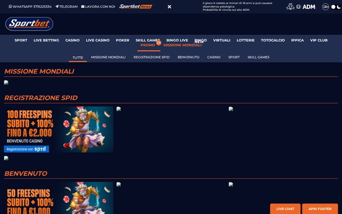 Pagina promozioni Sportbet.it con bonus freespins, banner grafici