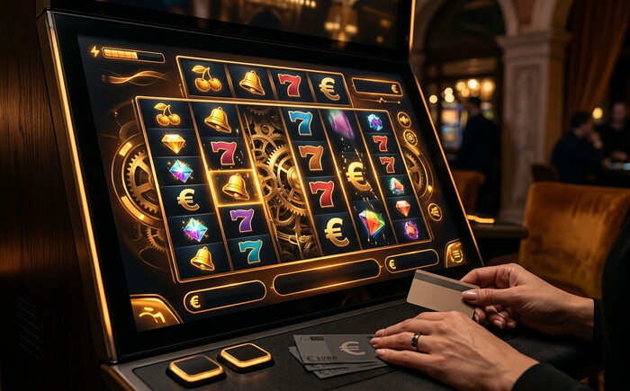 Mani con carta su una slot machine dorata con rulli e ingranaggi, banconote in euro sul tavolo.