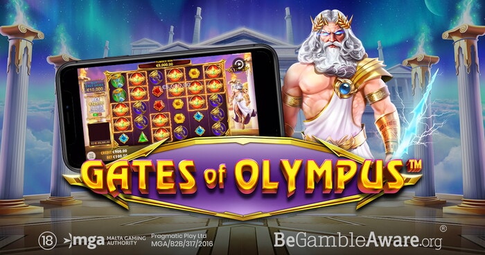 Slot Gates of Olympus con Zeus barbuto, fulmine e smartphone con rulli su sfondo greco