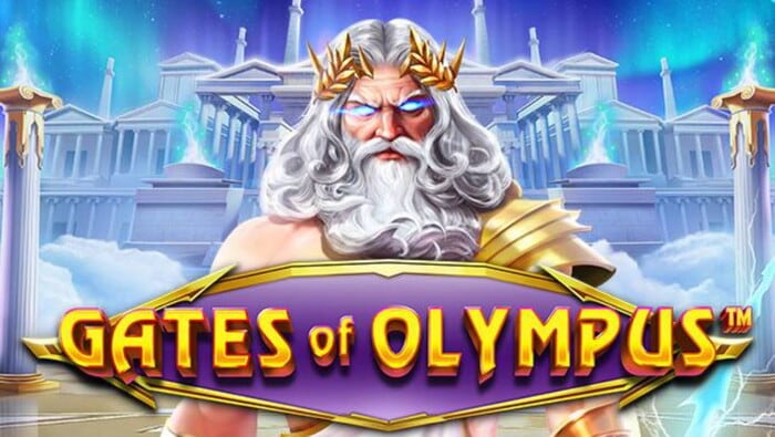 Slot Gates of Olympus con uomo barbuto, corona d'alloro dorata e tempio di marmo