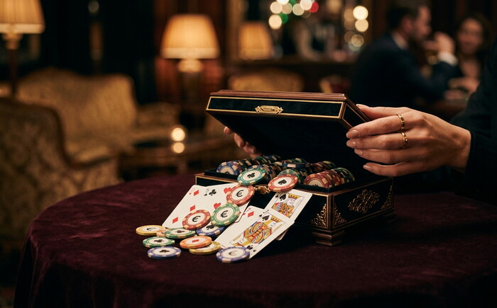 Scrigno di legno con fiches colorate, carte da gioco e una mano con anelli su un tavolo di velluto.