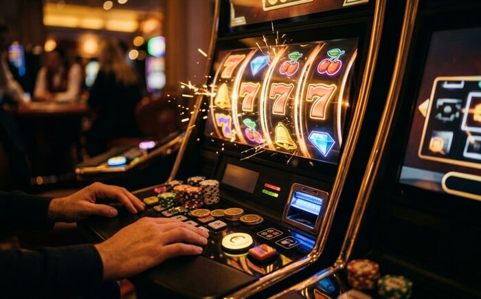 Mani di un giocatore su una slot machine con rulli colorati, simboli 7 e fiches sul pannello.