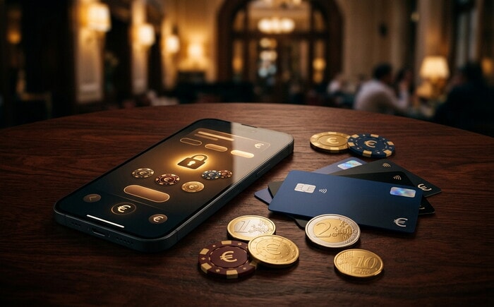 Smartphone con icona di lucchetto e fiches accanto a carte di pagamento e monete in euro su un tavolo di legno.