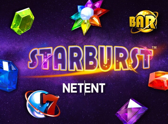 Slot Starburst con gemme colorate, un 7 rosso, sfondo viola stellato e simboli dorati