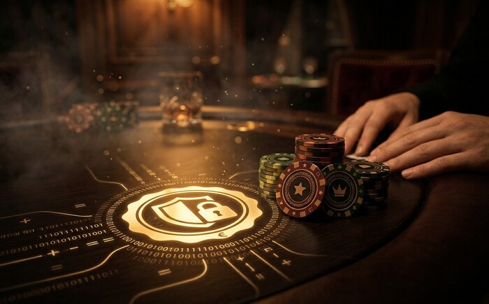 Sigillo dorato con simbolo di scudo e lucchetto su tavolo da casino, con codice binario e fiches colorate.