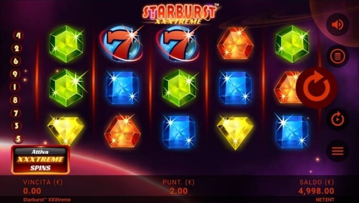 Slot Starburst XXXtreme con gemme colorate e simboli 7 rossi su sfondo viola scuro