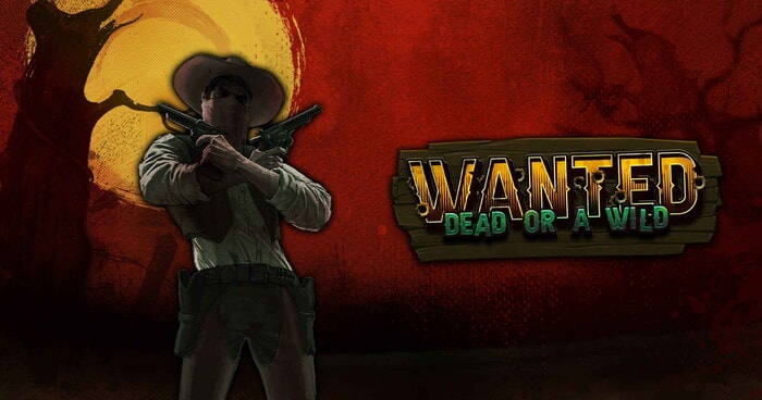 Slot Wanted Dead Or a Wild con cowboy armato di pistole su sfondo rosso