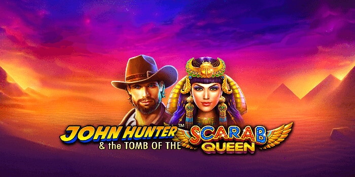 Slot John Hunter Scarab Queen con avventuriero con cappello, regina egizia e piramidi al tramonto