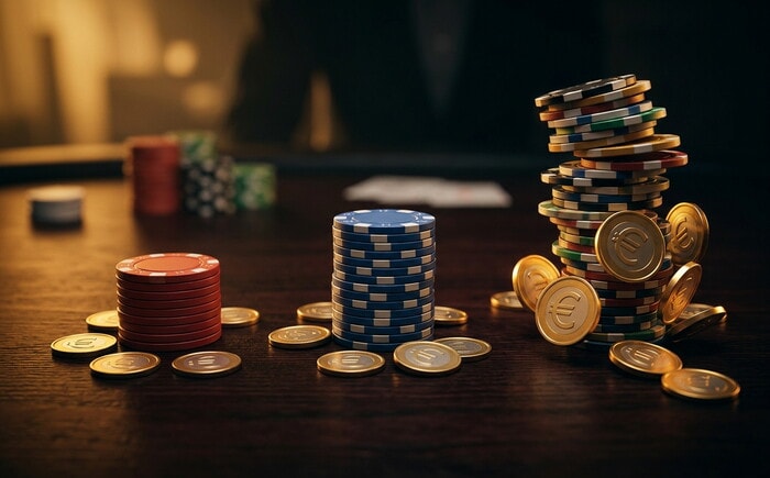 Tre pile di fiches da casinò rosse, blu e multicolore con monete d'oro su un tavolo scuro.