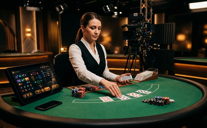 Croupier professionista al tavolo da casinò live con carte in distribuzione e fiches sul feltro verde.