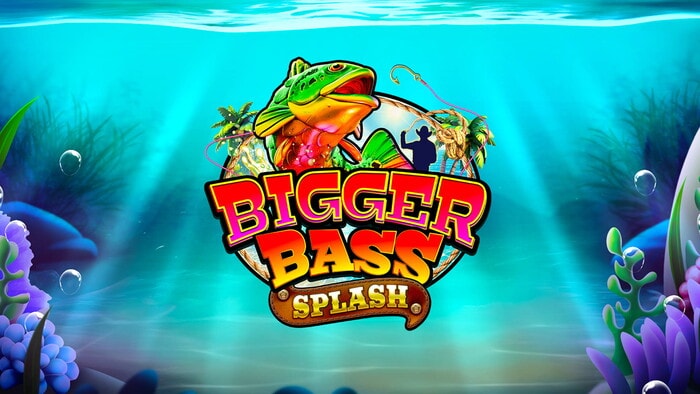 Slot Bigger Bass Splash con pesce verde e arancione che salta accanto a un pescatore