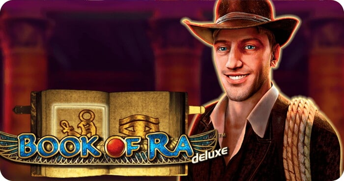 Slot Book of Ra deluxe Greentube con libro egizio e uomo sorridente con cappello marrone