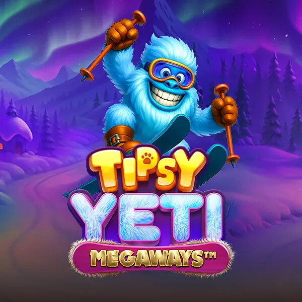 Slot Tipsy Yeti Megaways con uno yeti azzurro che scia sotto l'aurora boreale viola