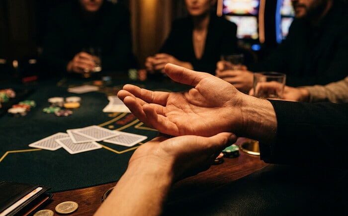 Mani di un giocatore aperte su un tavolo da gioco verde con carte e fiches, sfondo scuro.