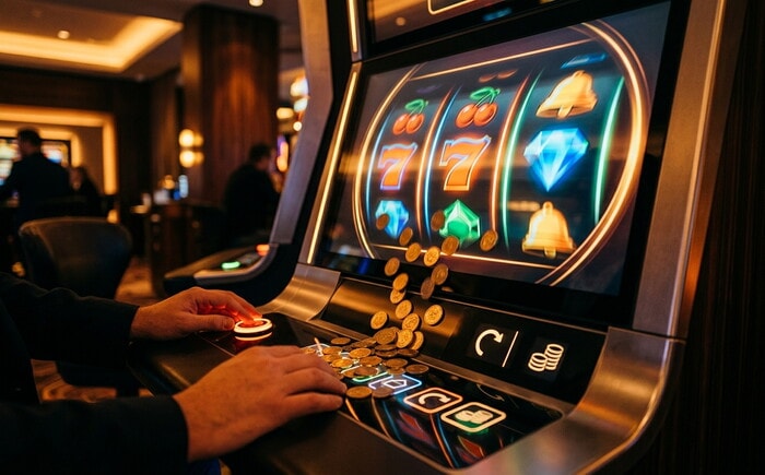 Mano preme il pulsante luminoso di una slot machine con rulli colorati e monete d'oro che cadono.