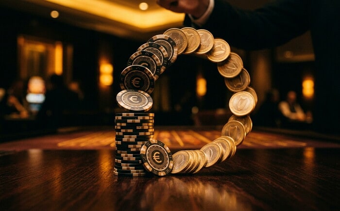 Fiches nere con simbolo dell'euro impilate e monete dorate disposte in cerchio su un tavolo da casinò.
