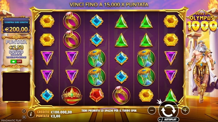 Slot Gates of Olympus 1000 con Zeus, gemme colorate e anelli dorati sui rulli