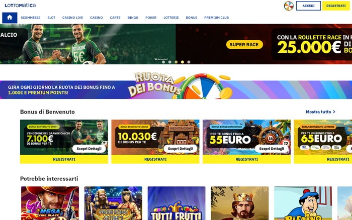 Homepage di Lottomatica con menu di navigazione, banner promozionali roulette, bonus di benvenuto e giochi slot consigliati.