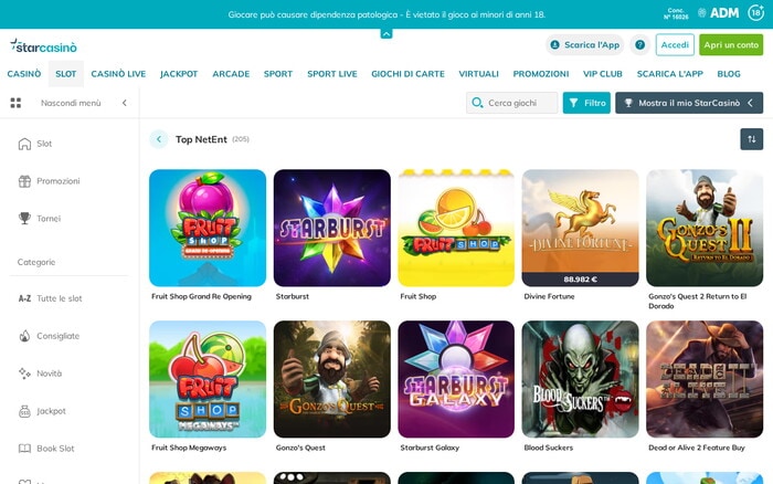 Pagina slot StarCasinò con giochi NetEnt come Starburst, Fruit Shop, Gonzo's Quest e Divine Fortune.