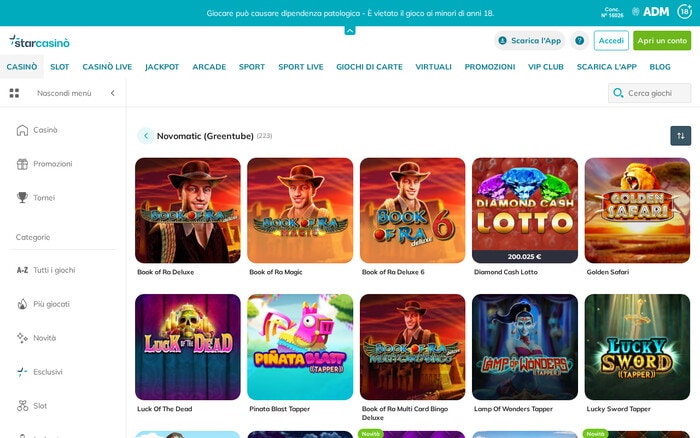 Pagina di Starcasinò con giochi slot del provider Greentube (Novomatic), tra cui Book of Ra, Golden Safari e Lucky Sword.