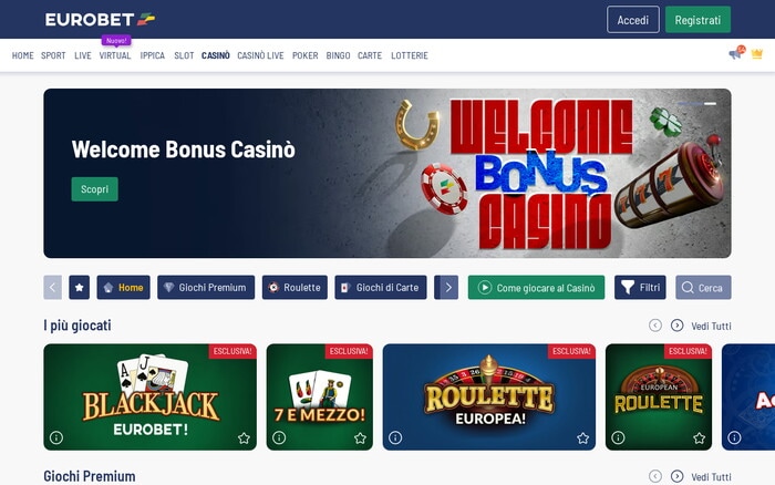 Homepage del casinò Eurobet con banner Welcome Bonus, giochi più popolari come Blackjack, 7 e mezzo e Roulette europea.