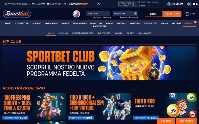 Pagina promozioni Sportbet con banner VIP Club, offerte di benvenuto SPID, freespins, cashback e bingo.