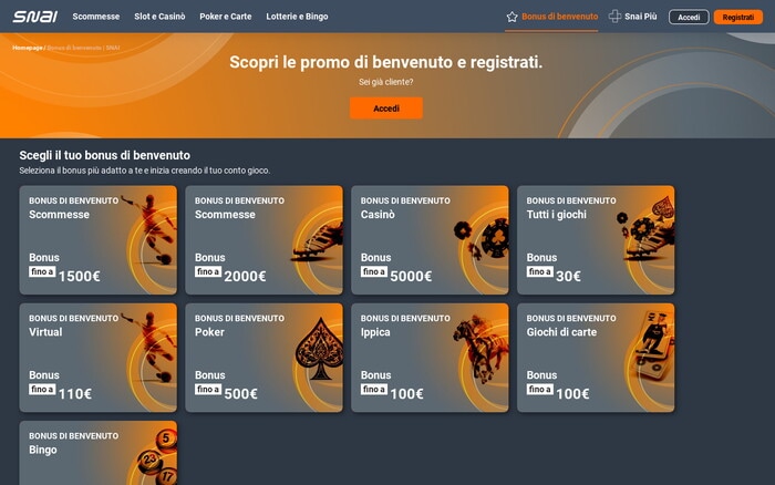 Pagina Snai con promozioni di benvenuto: griglia di bonus per scommesse, casinò, poker, ippica, virtual e bingo.