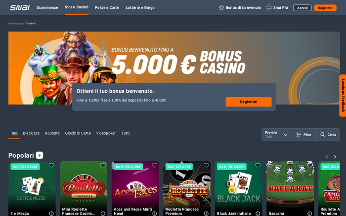Homepage del casinò Snai con banner bonus benvenuto fino a 5.000 euro e giochi popolari come Baccarat e Roulette.