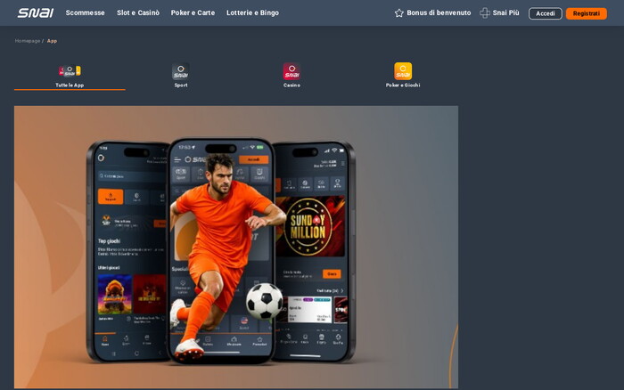 Pagina app di Snai con tre smartphone che mostrano l'interfaccia mobile, giocatore di calcio e slot promozionali.