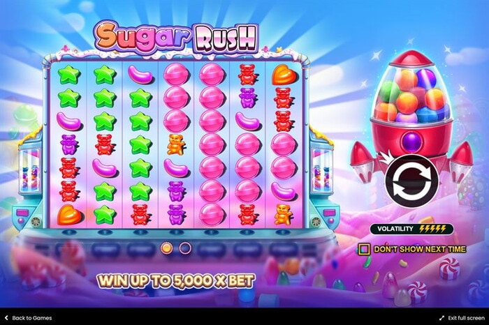 Slot Sugar Rush con logo colorato su sfondo viola e superficie rosa lucida