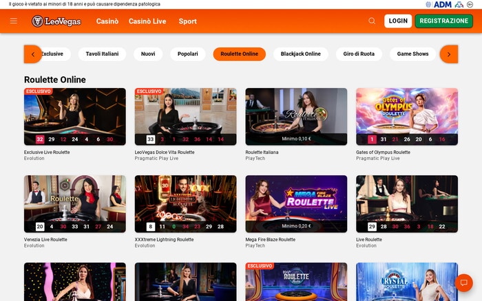 Pagina LeoVegas con giochi di roulette online e roulette live, con tavoli di Evolution, Pragmatic Play e PlayTech.