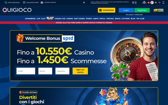 Homepage di Quigioco con bonus di benvenuto fino a 10.550€ nel casinò, menu di navigazione e banner dei giochi.