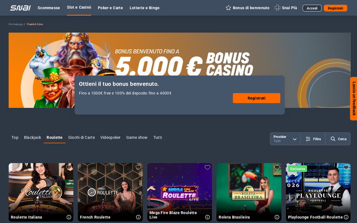 Pagina casino Snai con sezione roulette, banner bonus benvenuto e tavoli di roulette live con grafiche.