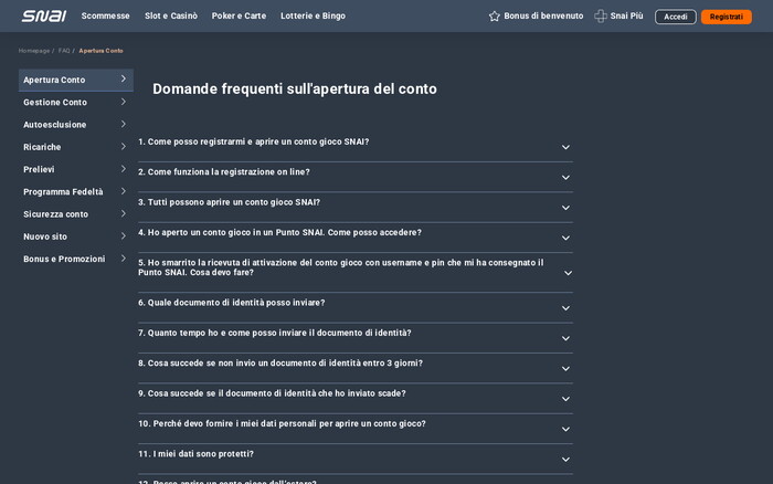 Pagina FAQ di SNAI sull'apertura del conto gioco con elenco di domande frequenti espandibili.