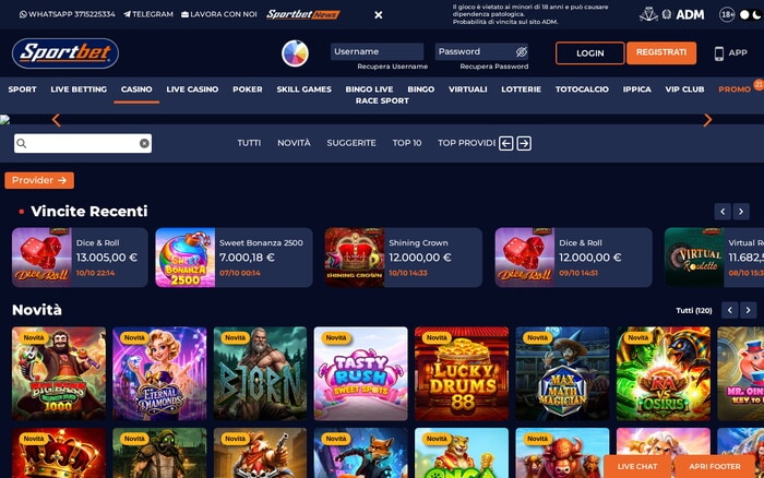 Homepage del casinò Sportbet con carosello delle vincite recenti e griglia di giochi di slot in primo piano.