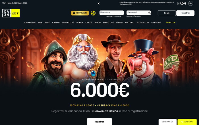Homepage di DAZNBET casino con banner del bonus di benvenuto da 6.000€ e personaggi di slot illustrati.