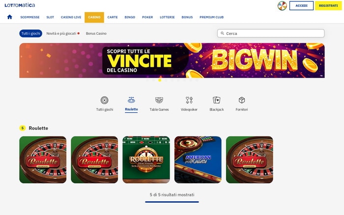 Pagina casinò Lottomatica con banner BigWin e cinque tavoli da roulette disponibili, tra cui American Roulette.