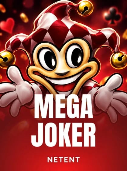 Slot Mega Joker con un jolly sorridente dal cappello a scacchi su sfondo rosso