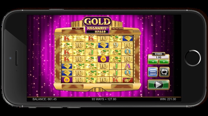 Slot Gold Megaways con rulli dorati, simboli K e 10 su sfondo viola