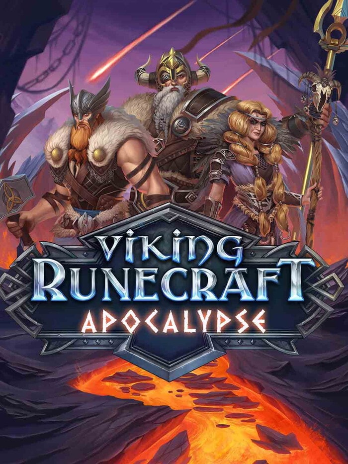 Slot Viking Runecraft Apocalypse con tre guerrieri vichinghi davanti a un paesaggio di lava