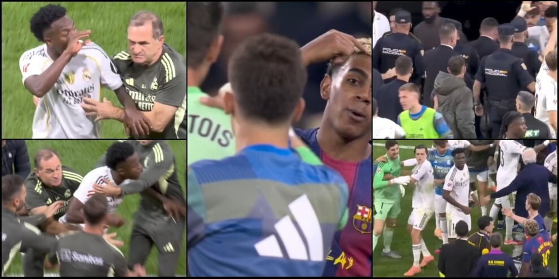 Polizia in campo, Yamal-Courtois alta tensione e Vinicius lo devono tenere in quattro! Caos Clasico