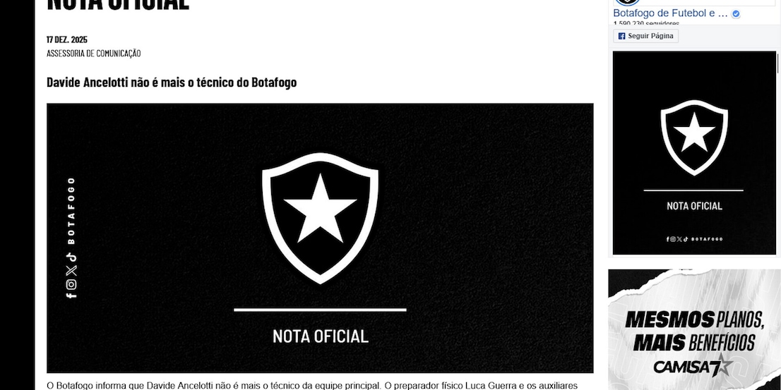 Ufficiale: il Botafogo esonera Davide Ancelotti