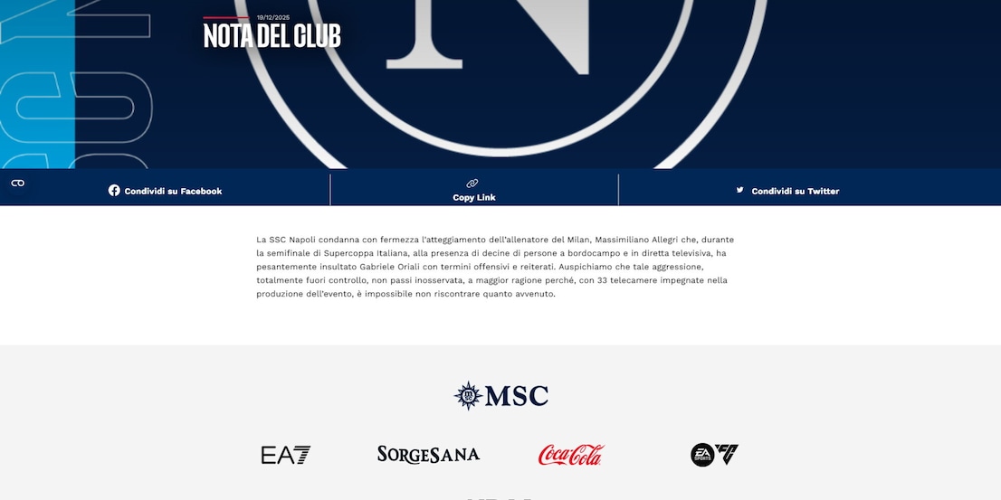 Napoli, che attacco ad Allegri: "Aggressione a Oriali totalmente fuori controllo"